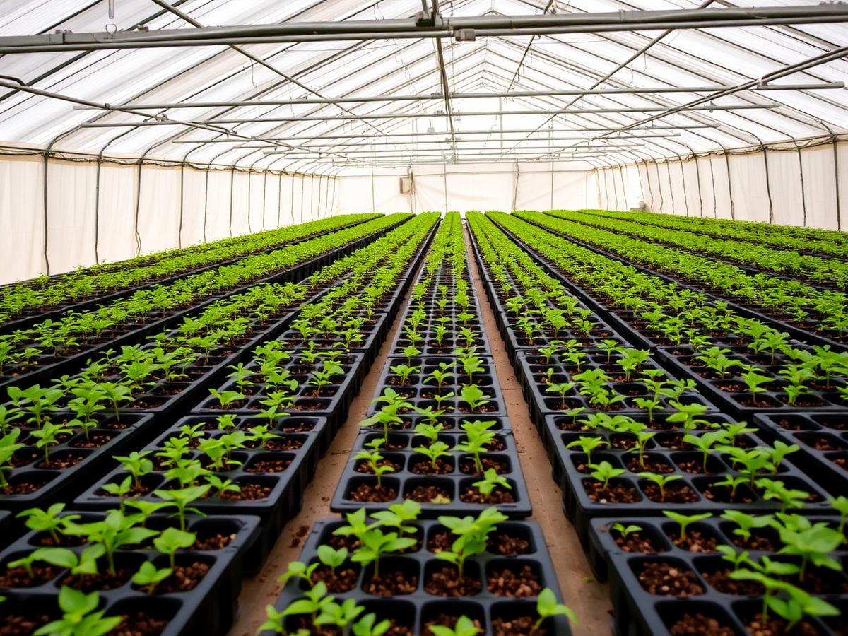 Rows of seedlings growing in trays inside a nursery polyhouse
